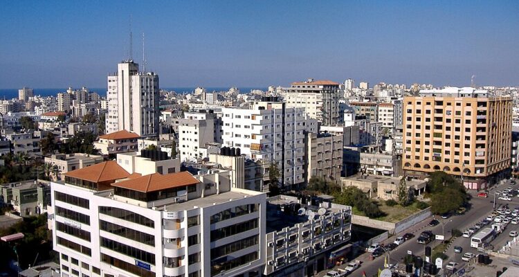 Buildings and streets in Gaza City with the Mediterranean Sea in the distance, photographed in 2007.