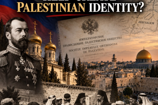 AI-generated editorial illustration combining Imperial Russian and Jerusalem imagery with the article’s question about Palestinian identity.