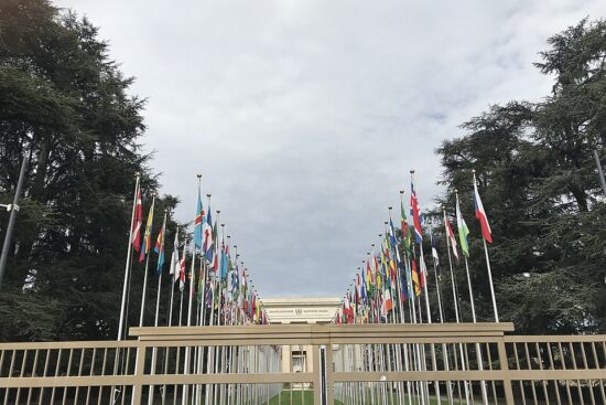 National flags lining the entrance to the Palais des Nations in Geneva, photographed in April 2018.