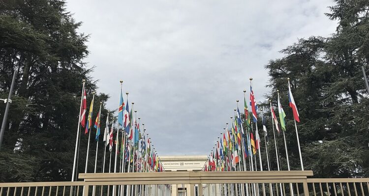 National flags lining the entrance to the Palais des Nations in Geneva, photographed in April 2018.