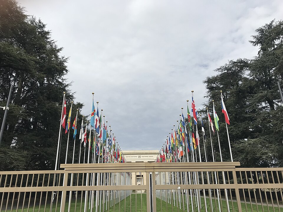 National flags lining the entrance to the Palais des Nations in Geneva, photographed in April 2018.