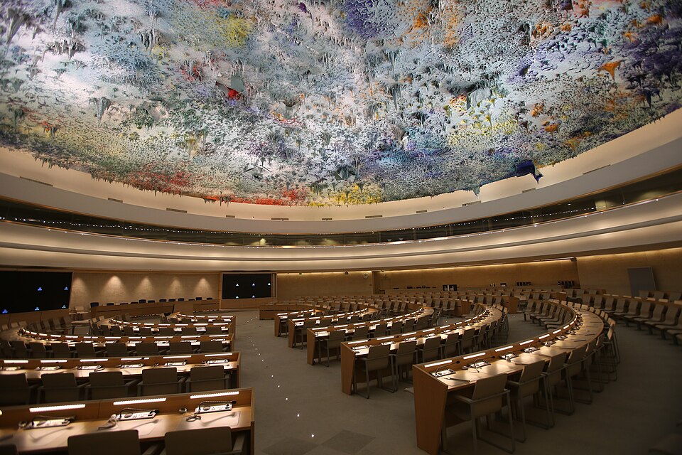 The empty United Nations Human Rights Council chamber in Geneva, photographed in August 2015.